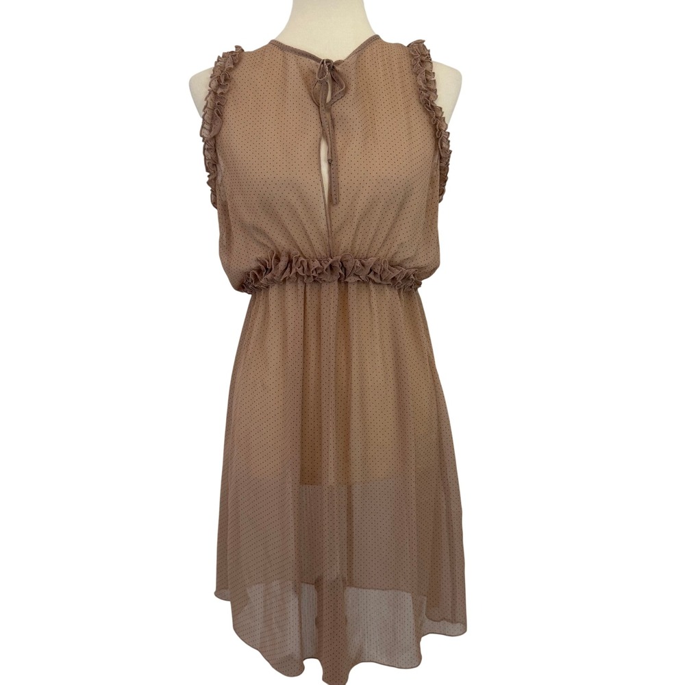 American Rag Co Sheer Beige‎ Polka Dot Ruffle Tie Neck Dress Women's M